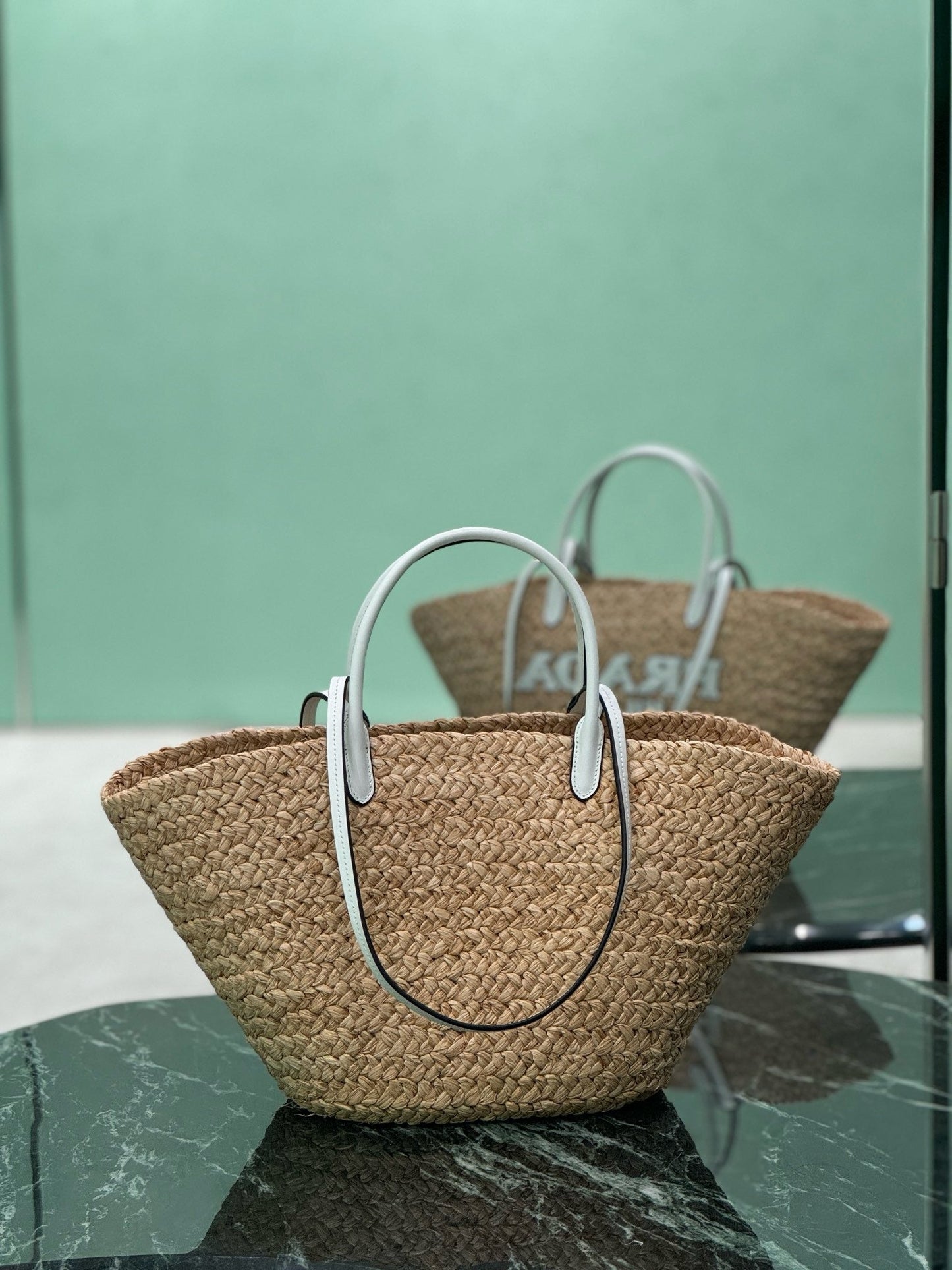 Prada 2026 Large Shopping Bag 56cm Tan White Raffia and Leather