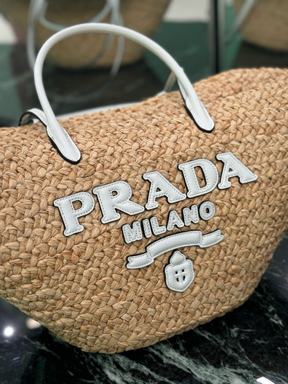 Prada 2026 Large Shopping Bag 56cm Tan White Raffia and Leather