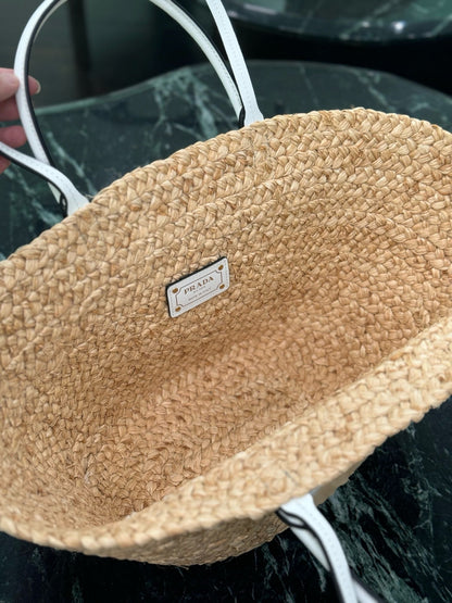 Prada 2026 Large Shopping Bag 56cm Tan White Raffia and Leather