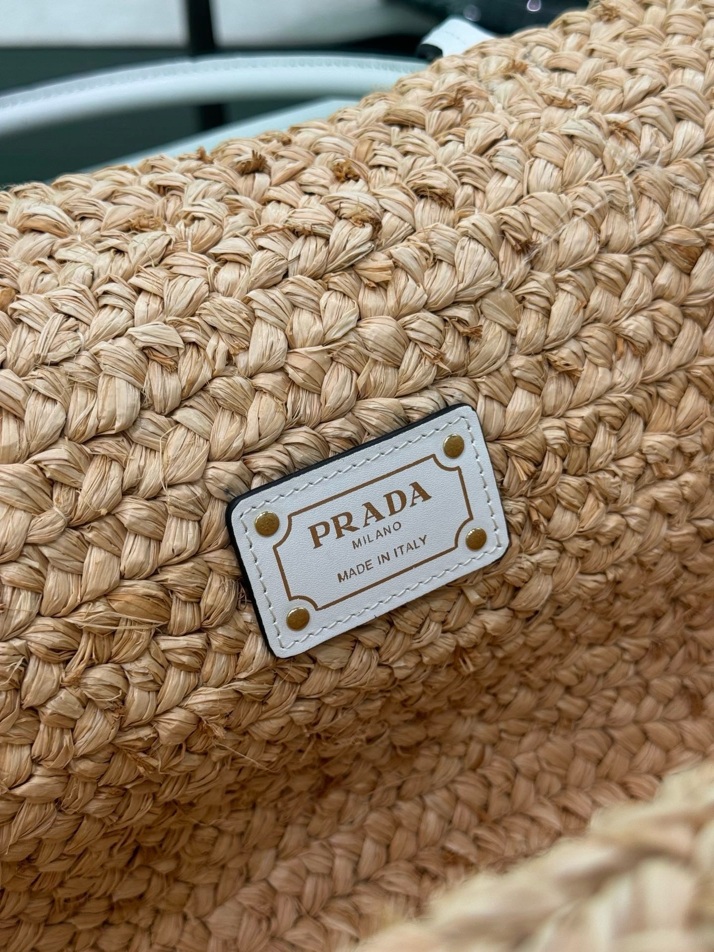Prada 2026 Large Shopping Bag 56cm Tan White Raffia and Leather