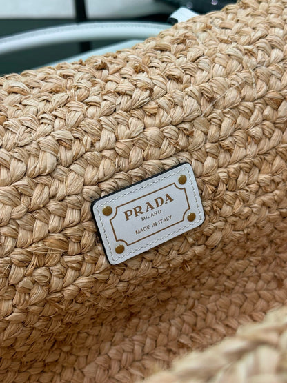 Prada 2026 Large Shopping Bag 56cm Tan White Raffia and Leather