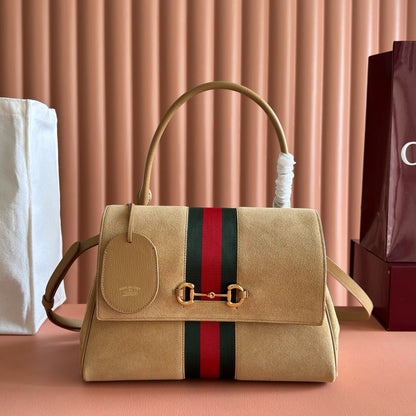 Gucci 2026 Paparazzo Shoulder Bag 30cm Beige Red Green Suede Leather