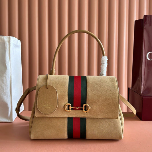 Gucci 2026 Paparazzo Shoulder Bag 30cm Beige Red Green Suede Leather