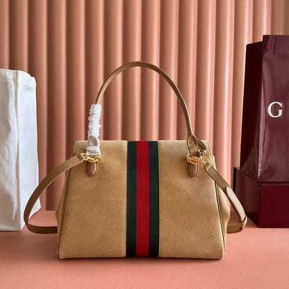 Gucci 2026 Paparazzo Shoulder Bag 30cm Beige Red Green Suede Leather