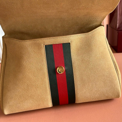 Gucci 2026 Paparazzo Shoulder Bag 30cm Beige Red Green Suede Leather