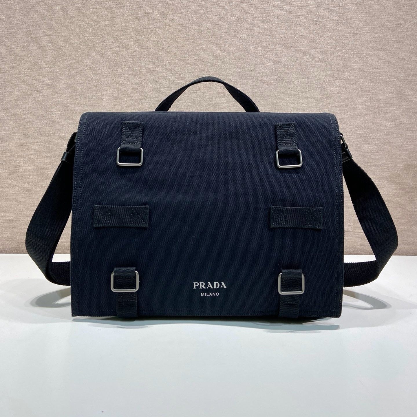 Prada 2026 Messenger Bag 34cm Navy Blue Canvas