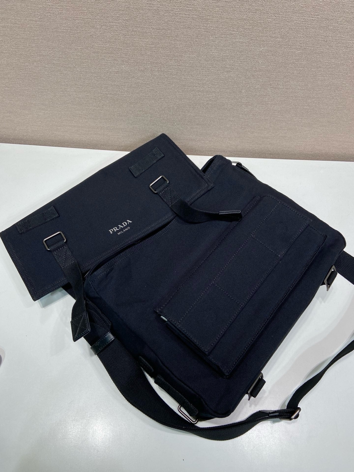 Prada 2026 Messenger Bag 34cm Navy Blue Canvas