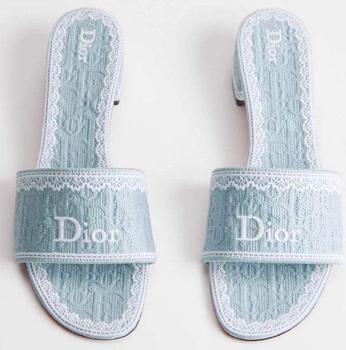 Dior2026 Dentelle Heeled Slide Sky Blue Dior Oblique Embroidered Cotton and White Lace