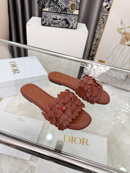CD 26s Floral Flat Slippers Genuine Leather