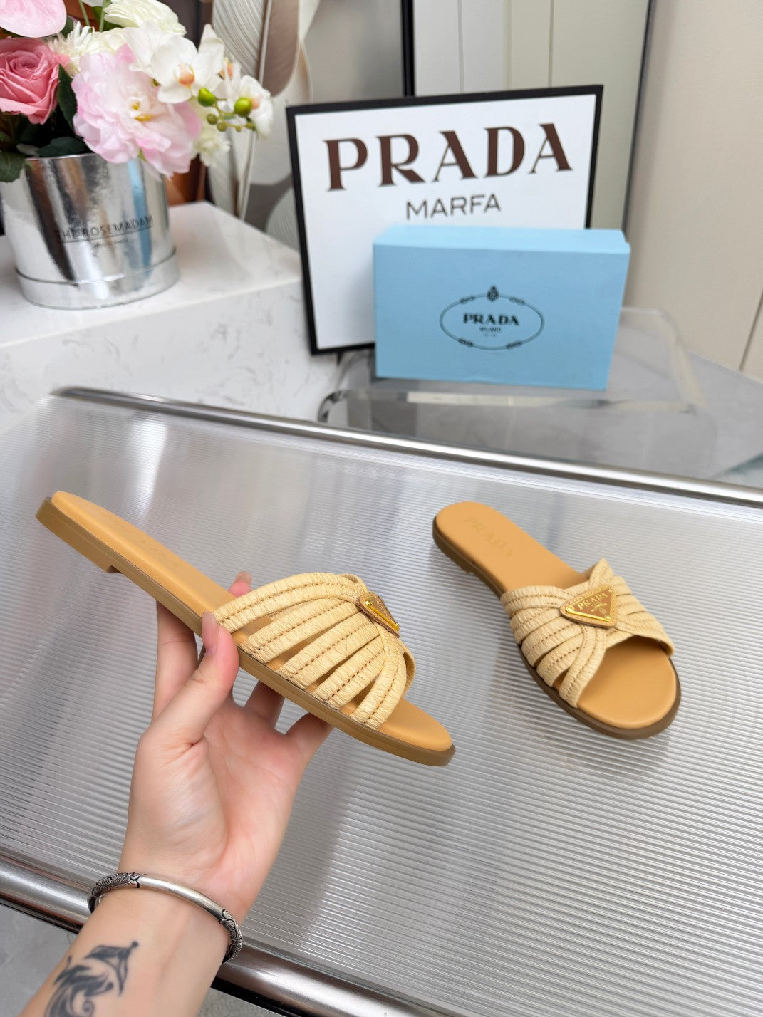 Prada 2026 Crochet Slide Raffia Leather 715974