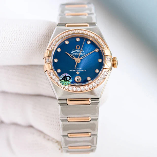 Omega Constellation 29mm Steel Rose Gold Diamond Benzel Blue Dial