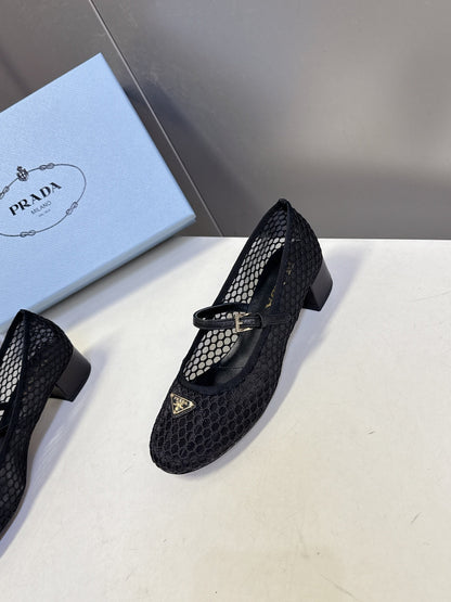 Prada 2026 Low Heel Ballet Flat 35mm Mesh Leather 717400