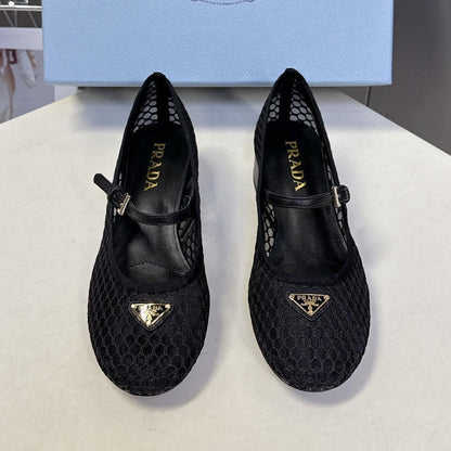 Prada 2026 Low Heel Ballet Flat 35mm Mesh Leather 717400