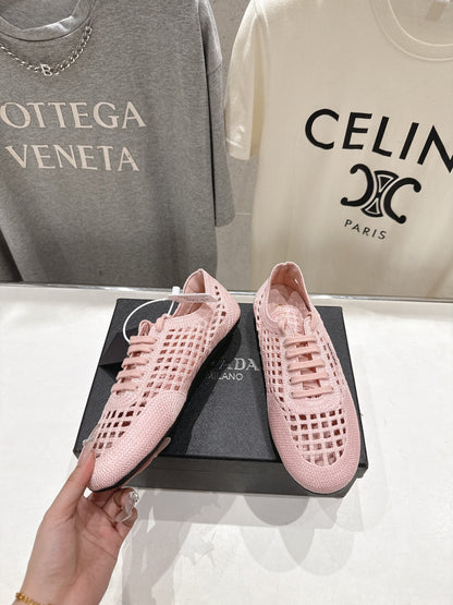 Prada 2026 Women's Collapse Crochet Laced Sneakers Sheepskin 770902