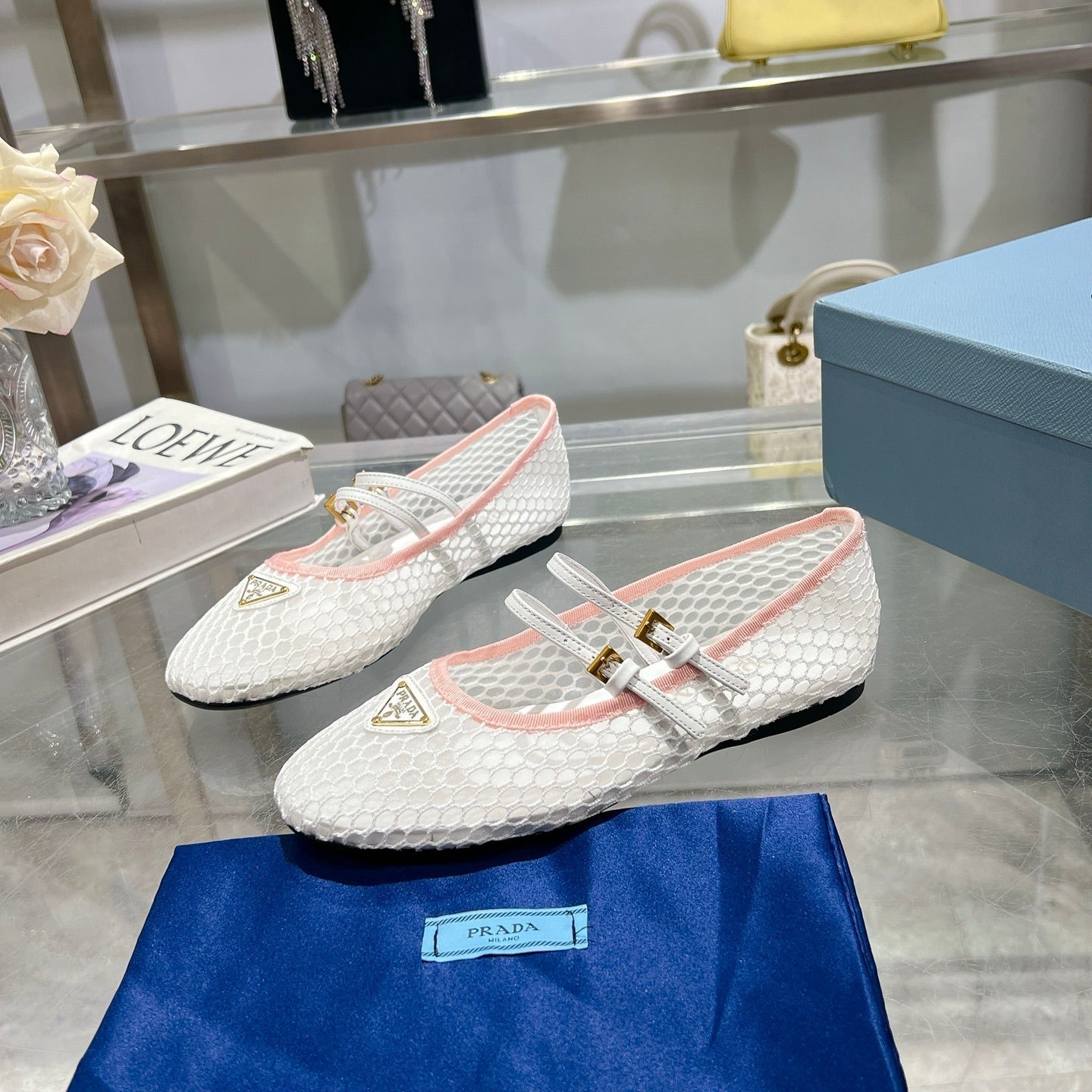 Prada 2026 Mary Jane Ballet Flat Mesh Sheepskin 715612