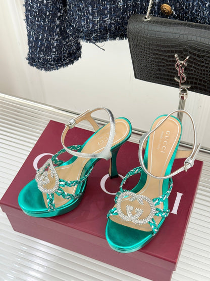 GG 26ss Platform  High Heel Sandals 105 Sheepskin Rhinestone Double G