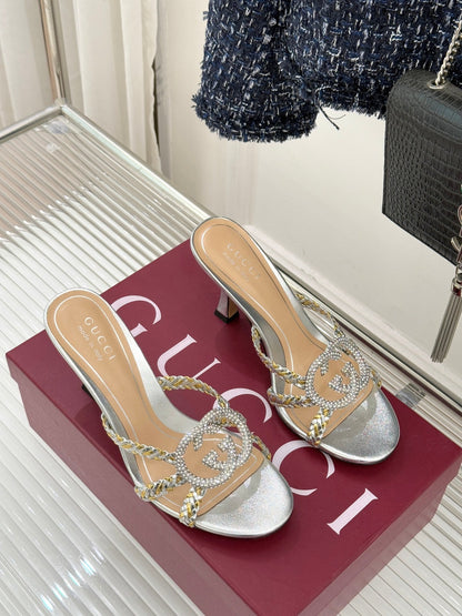 GG 26ss High Heel Sandals 75 Sheepskin Rhinestone Double G