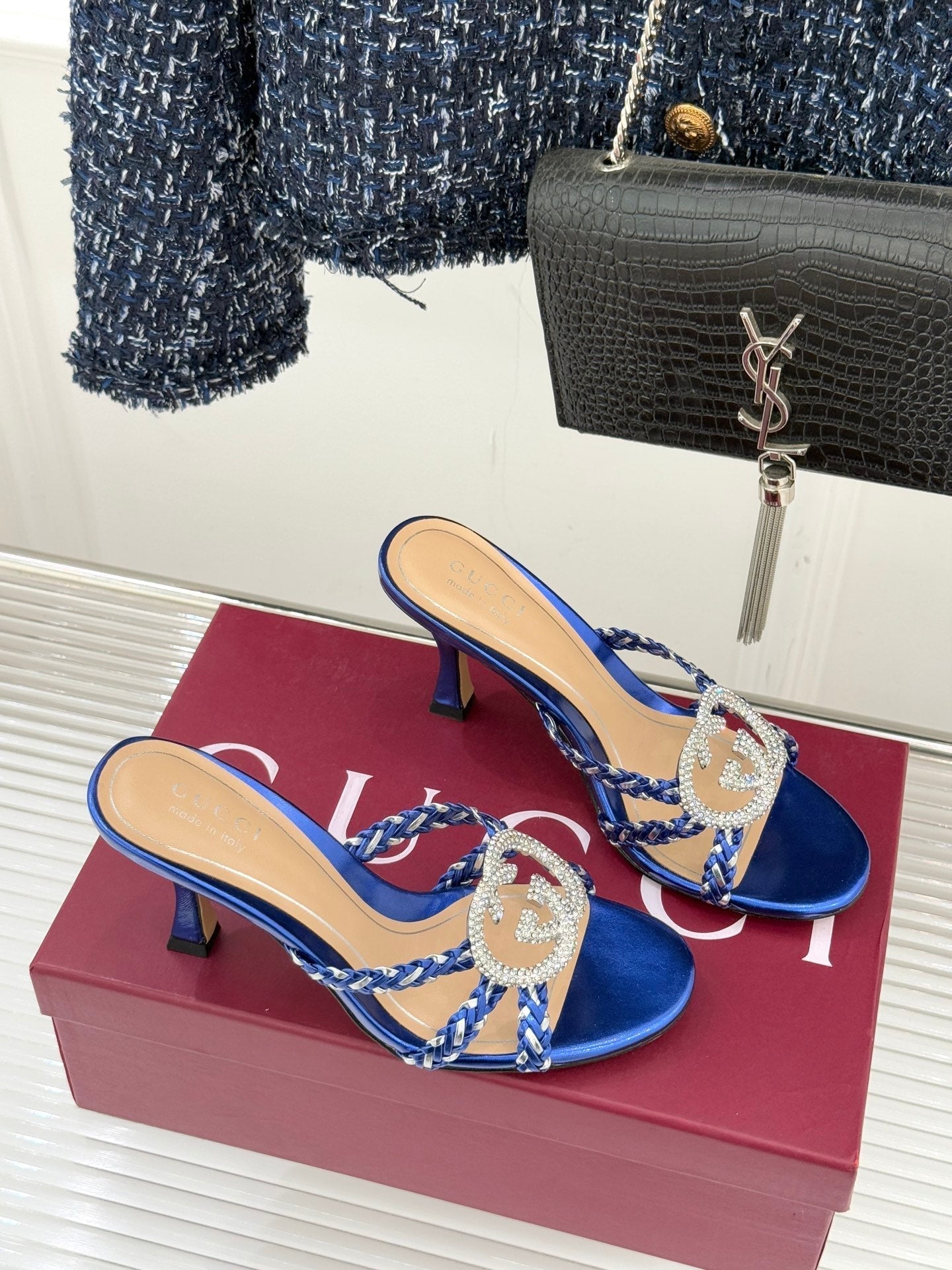 GG 26ss High Heel Sandals 75 Sheepskin Rhinestone Double G