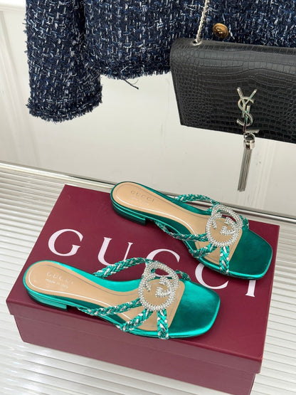 GG 26ss Slipper Rhinestone Double G Sheepskin