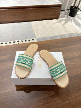CD 26s Embroidered Sandals Beige Green Canvas Sheepskin 664319