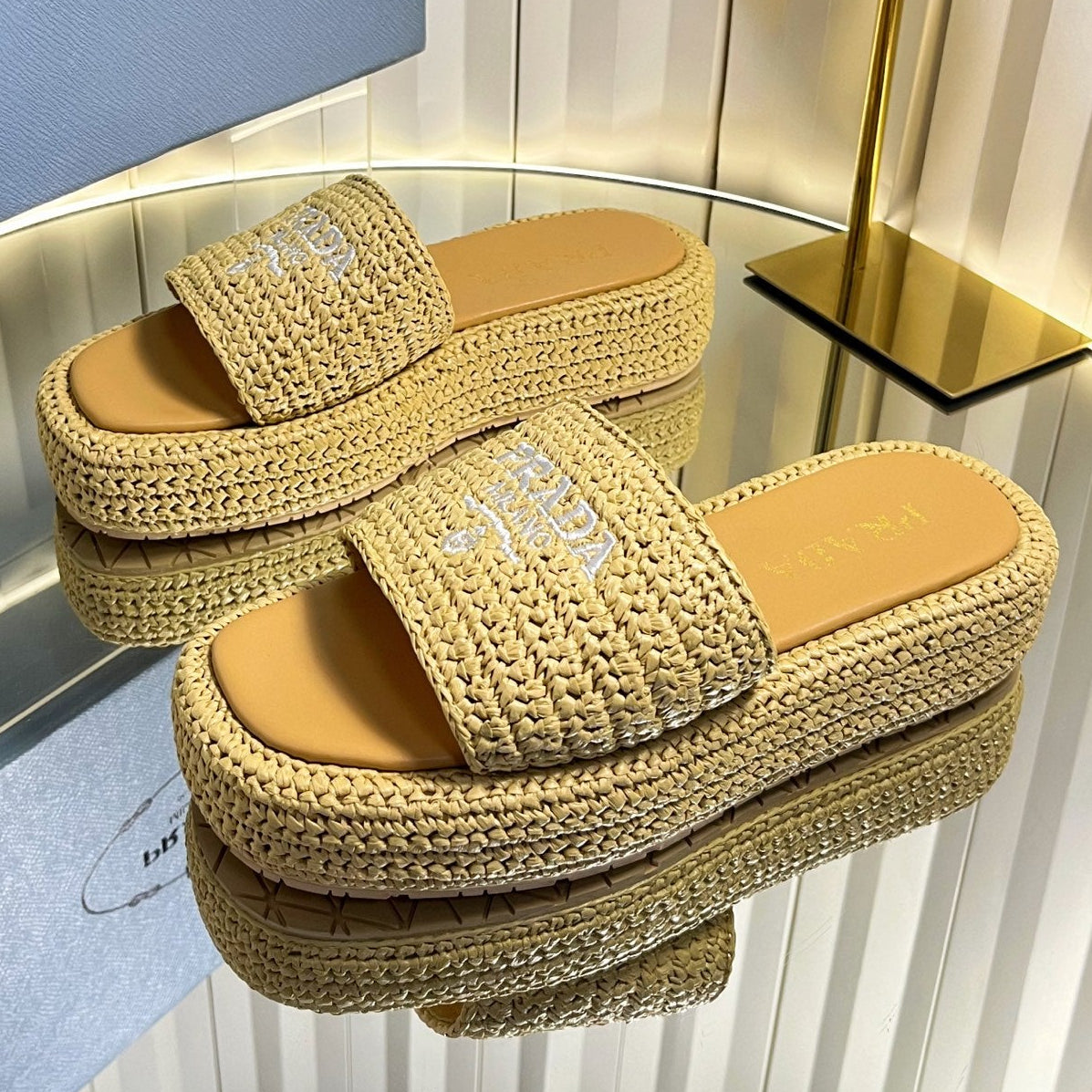 Prada 202 Platform Slide Sandals 40mm Woven Raffia 768777