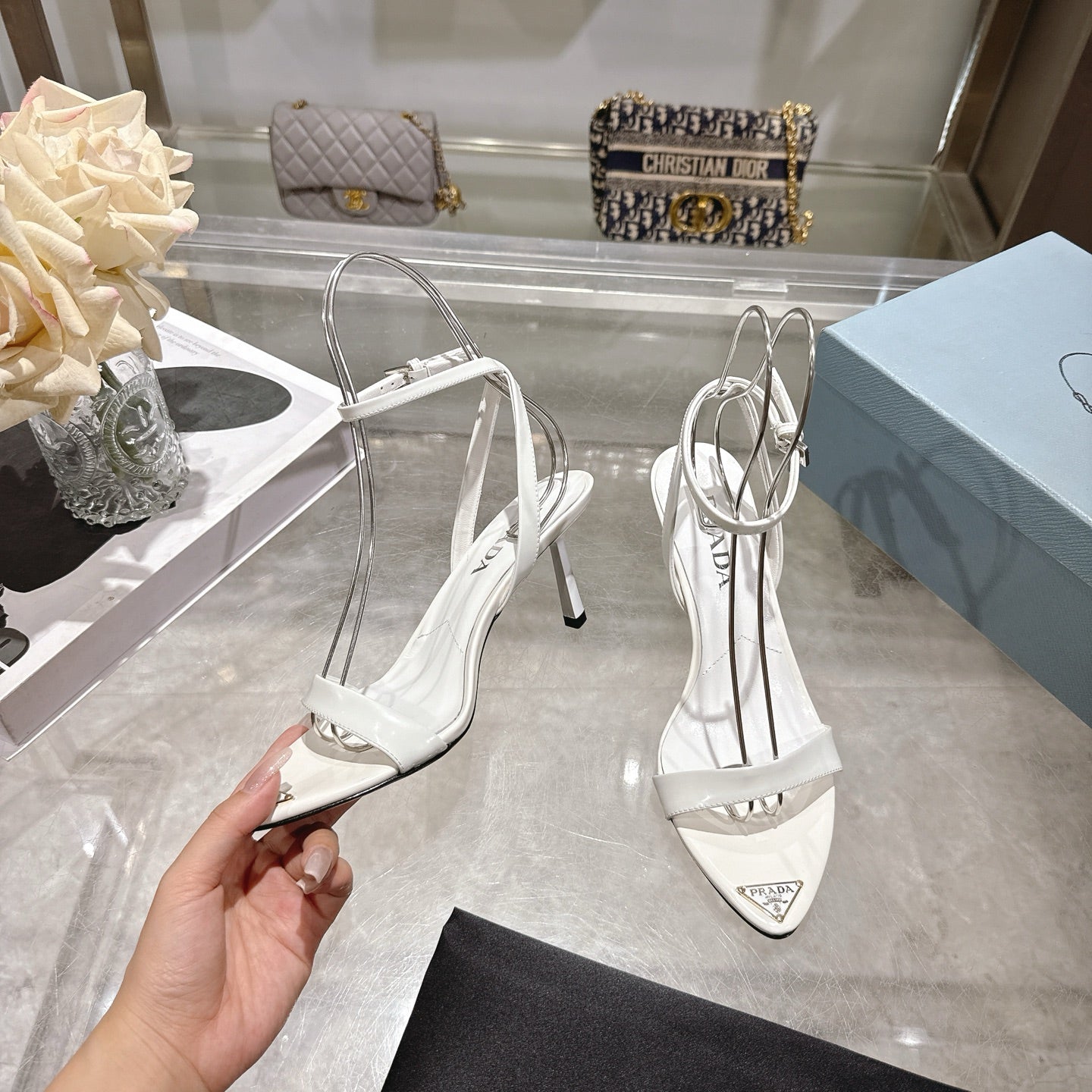 Prada 2026 High-Heeled Pointed-Toe Sandals 75mm Sheepskin Leather 770603