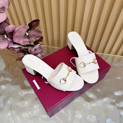 GG 26ss Chunky Heel Sandals 55 Cowhide Double G Embossed