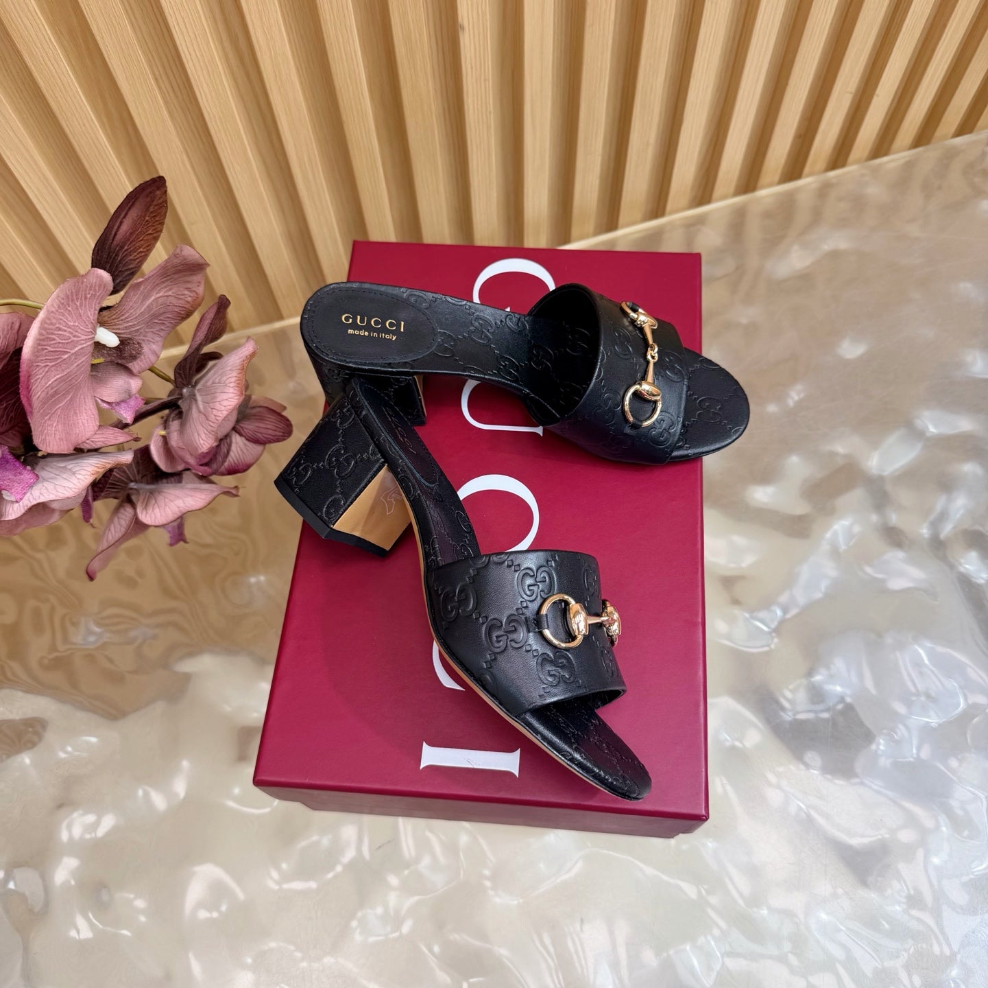 GG 26ss Chunky Heel Sandals 55 Cowhide Double G Embossed