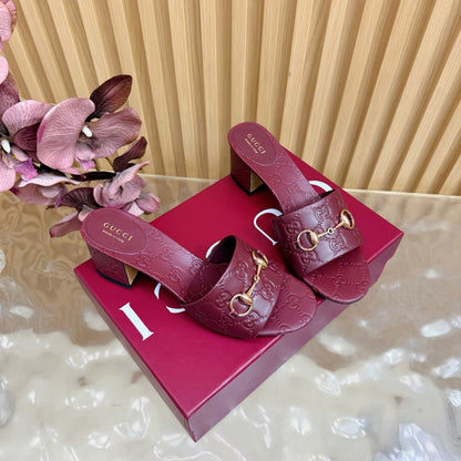 GG 26ss Chunky Heel Sandals 55 Cowhide Double G Embossed