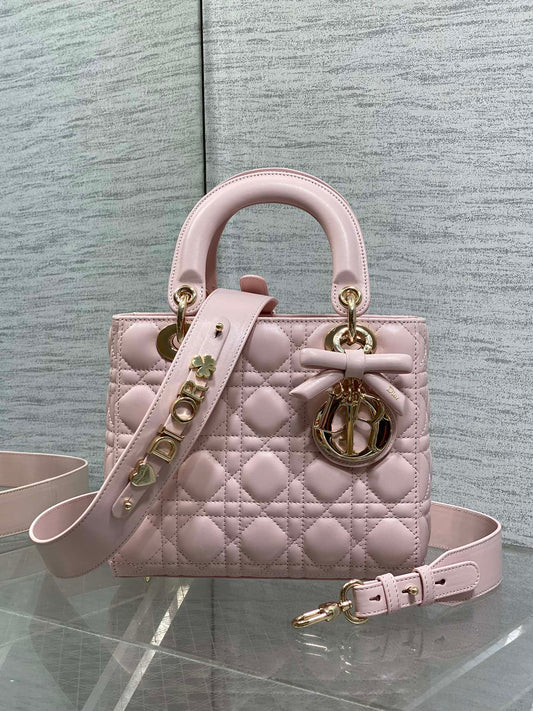 Dior 2026 Bow Lady Dior Pink Cannage Lambskin With Gold Charm 286609