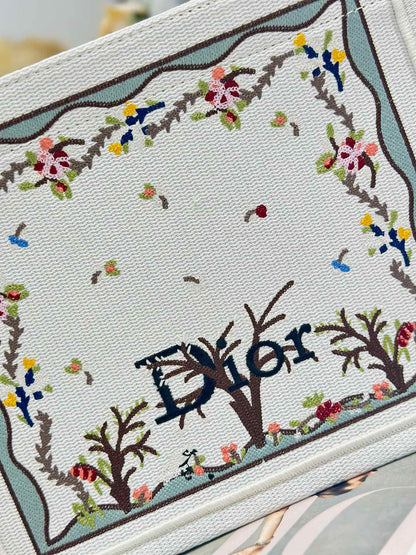 Dior 2026 Book Tote Bag With Multicolored White Revolution Flowers Embroidery Canvas
