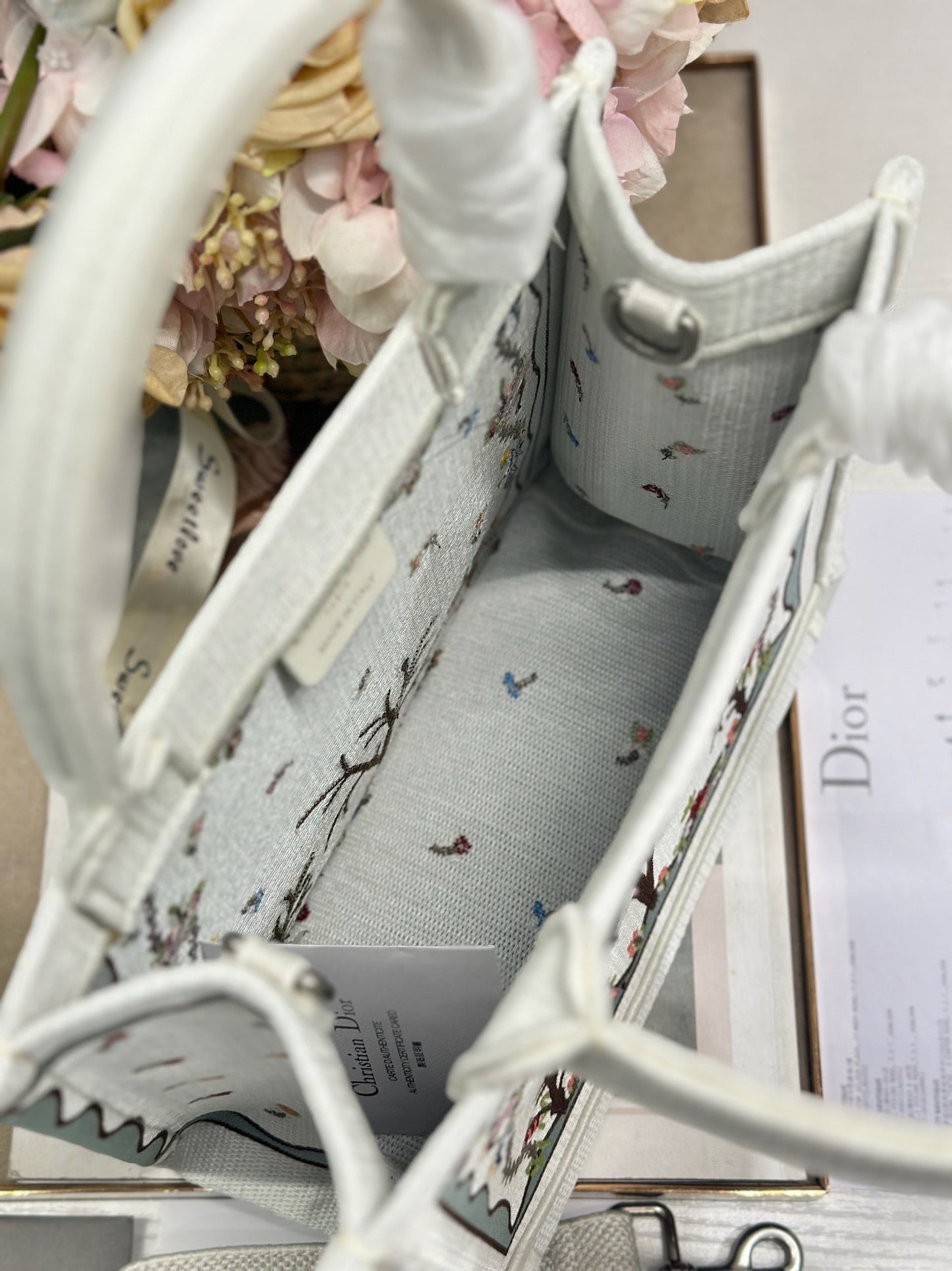 Dior 2026 Book Tote Bag With Multicolored White Revolution Flowers Embroidery Canvas
