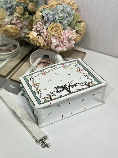 Dior 2026 Book Tote Bag With Multicolored White Revolution Flowers Embroidery Canvas