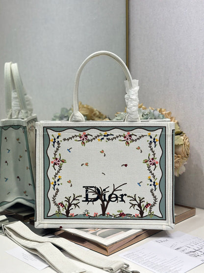 Dior 2026 Book Tote Bag With Multicolored White Revolution Flowers Embroidery Canvas
