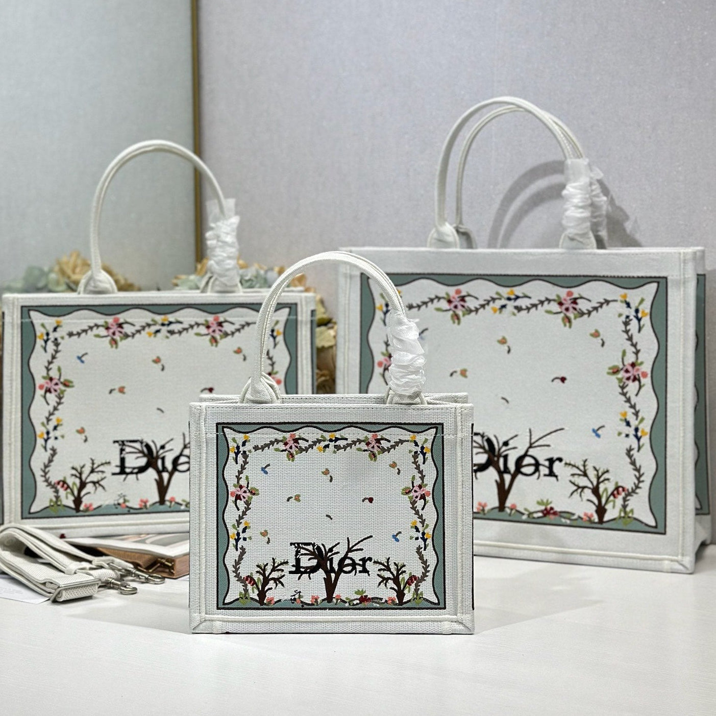 Dior 2026 Book Tote Bag With Multicolored White Revolution Flowers Embroidery Canvas