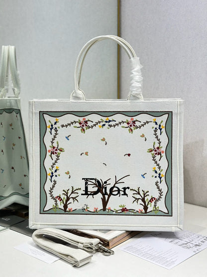 Dior 2026 Book Tote Bag With Multicolored White Revolution Flowers Embroidery Canvas