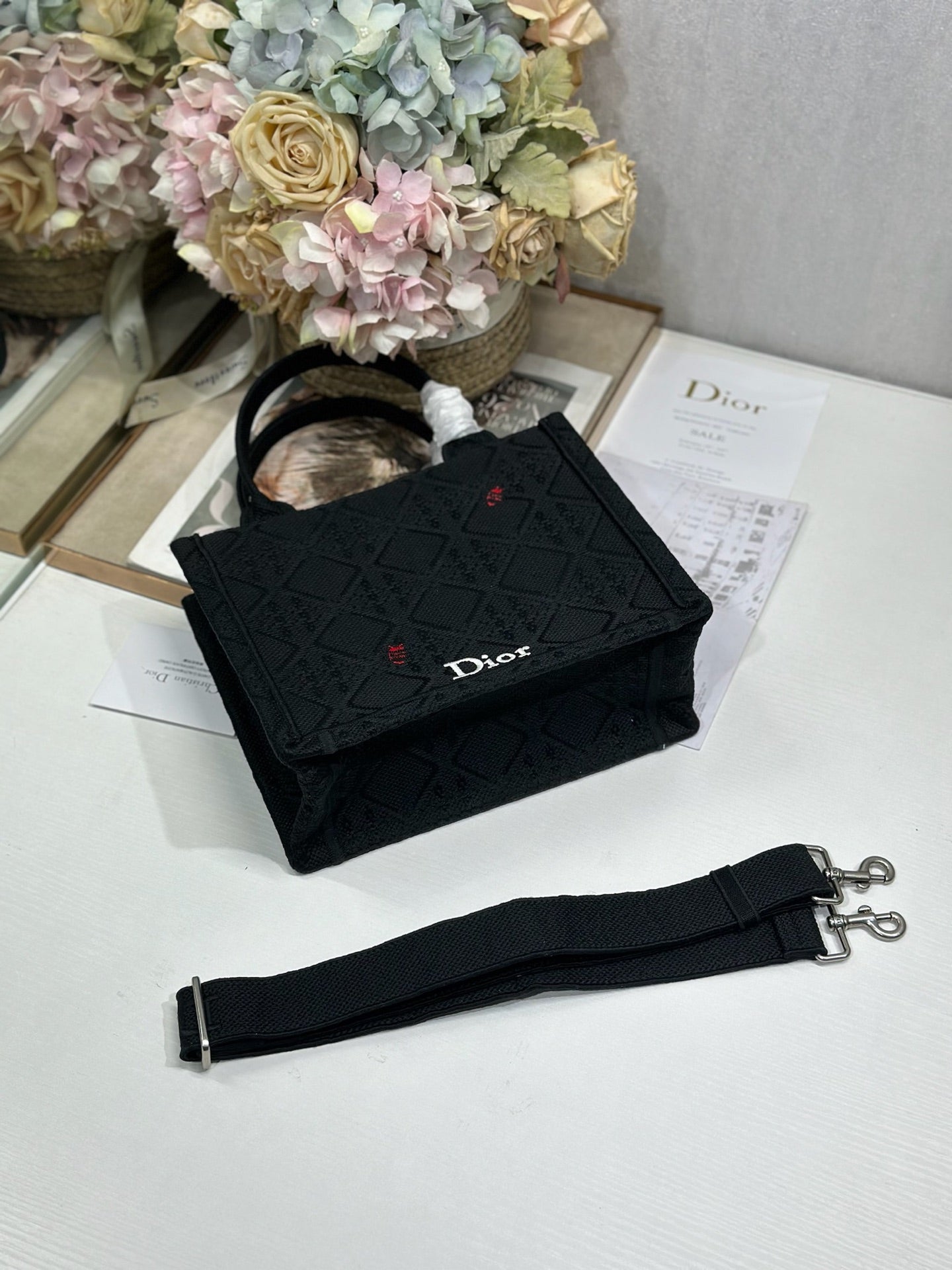 Dior 2026 Book Tote Bag With Red Beetle-shaped Embellishments Black Canvas 288481