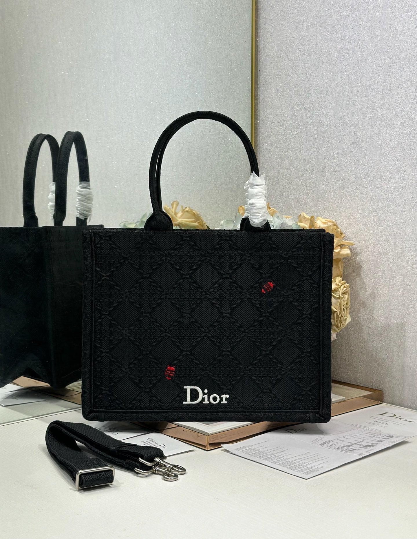 Dior 2026 Book Tote Bag With Red Beetle-shaped Embellishments Black Canvas 288481
