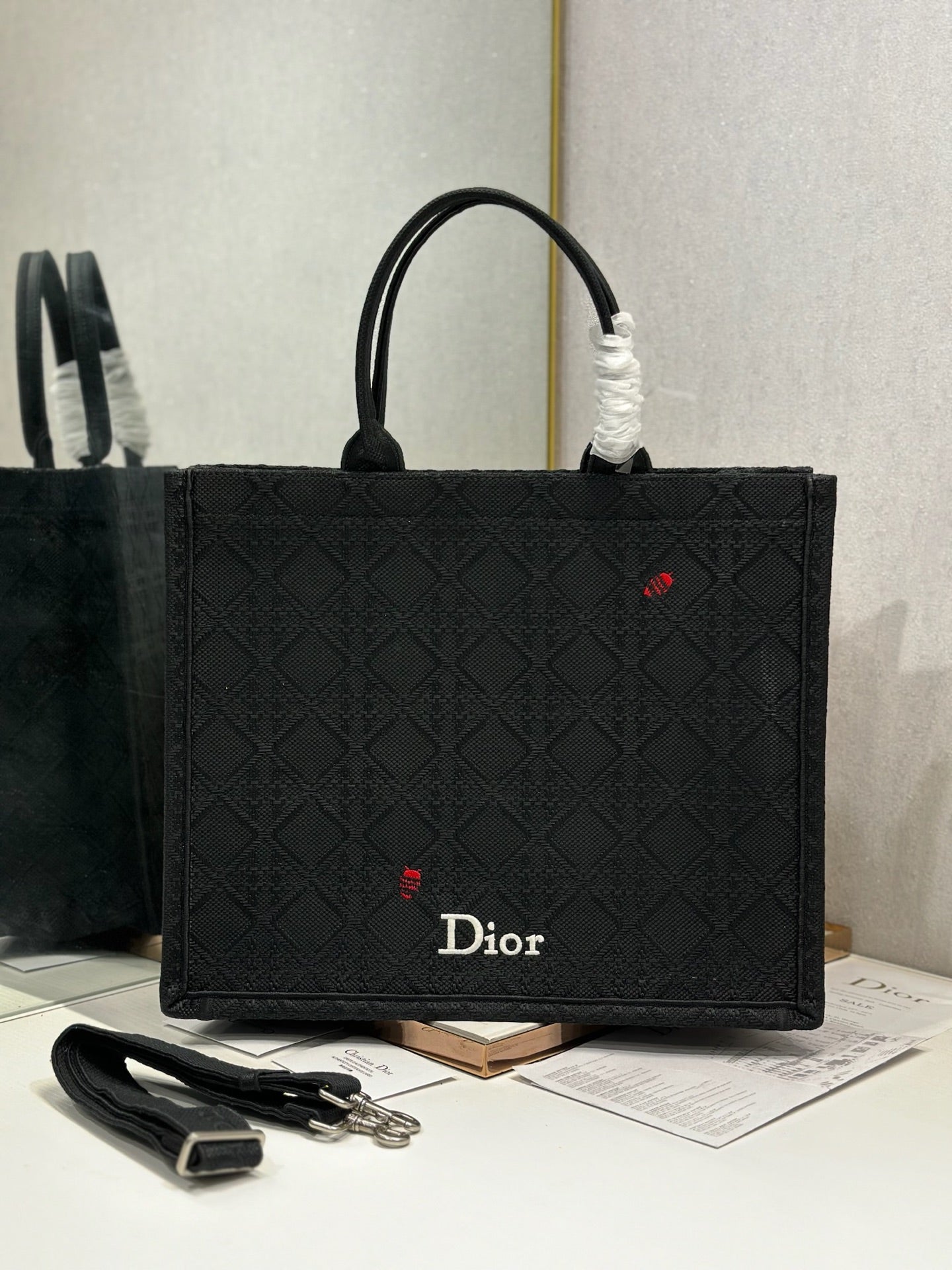 Dior 2026 Book Tote Bag With Red Beetle-shaped Embellishments Black Canvas 288481