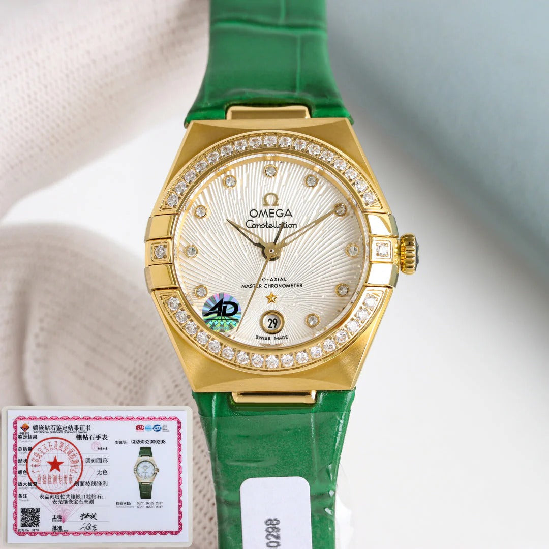 Omega Constellation 29mm Diamond Bezel Crocodile Leather