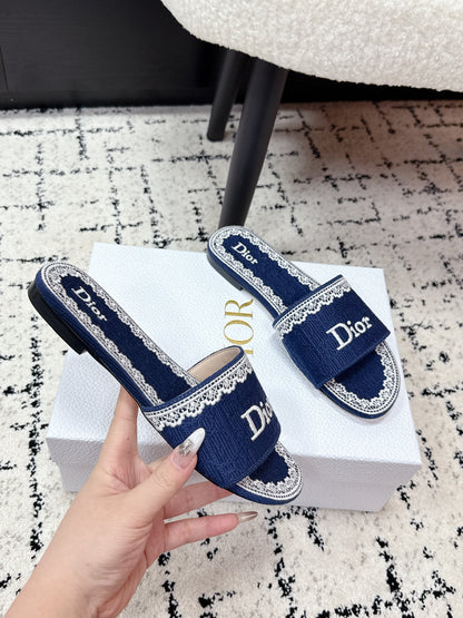 CD 26 Embroidered Slippers Dark Blue Canvas 617081