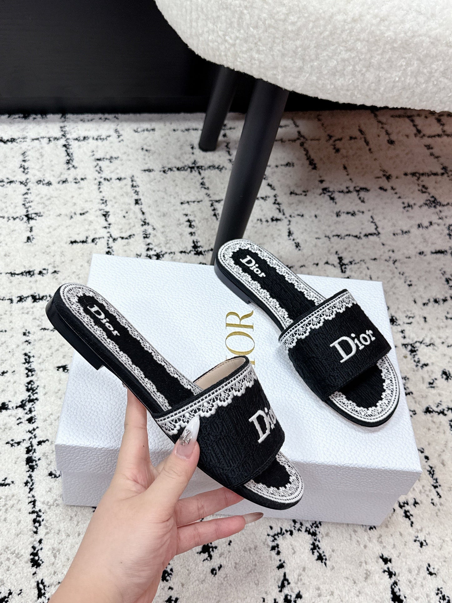 CD 26 Embroidered Slippers Black Canvas 617083