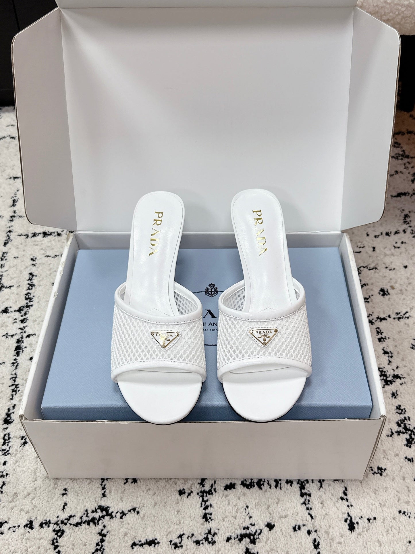 Prada 2026 Triangle Logo High-Heeled Slides 75mm Mesh Leather 769832