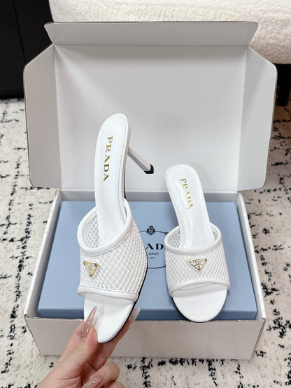 Prada 2026 Triangle Logo High-Heeled Slides 75mm Mesh Leather 769832