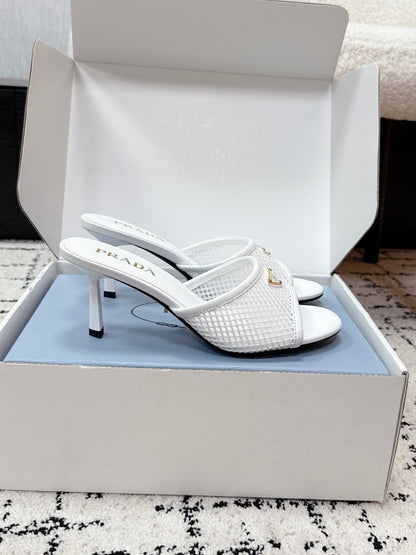 Prada 2026 Triangle Logo High-Heeled Slides 75mm Mesh Leather 769832