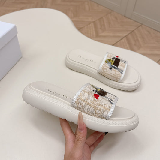 CD 26s  Slippers White Beige Canvas Lambskin 643803