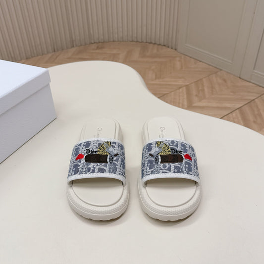 CD 26s  Slippers White Blue Canvas Lambskin 643804