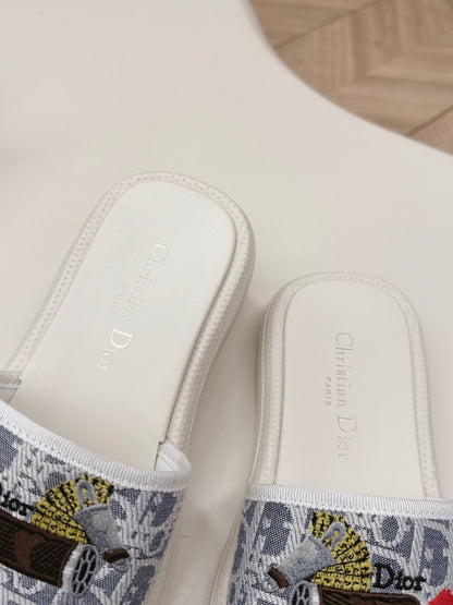 CD 26s  Slippers White Blue Canvas Lambskin 643804
