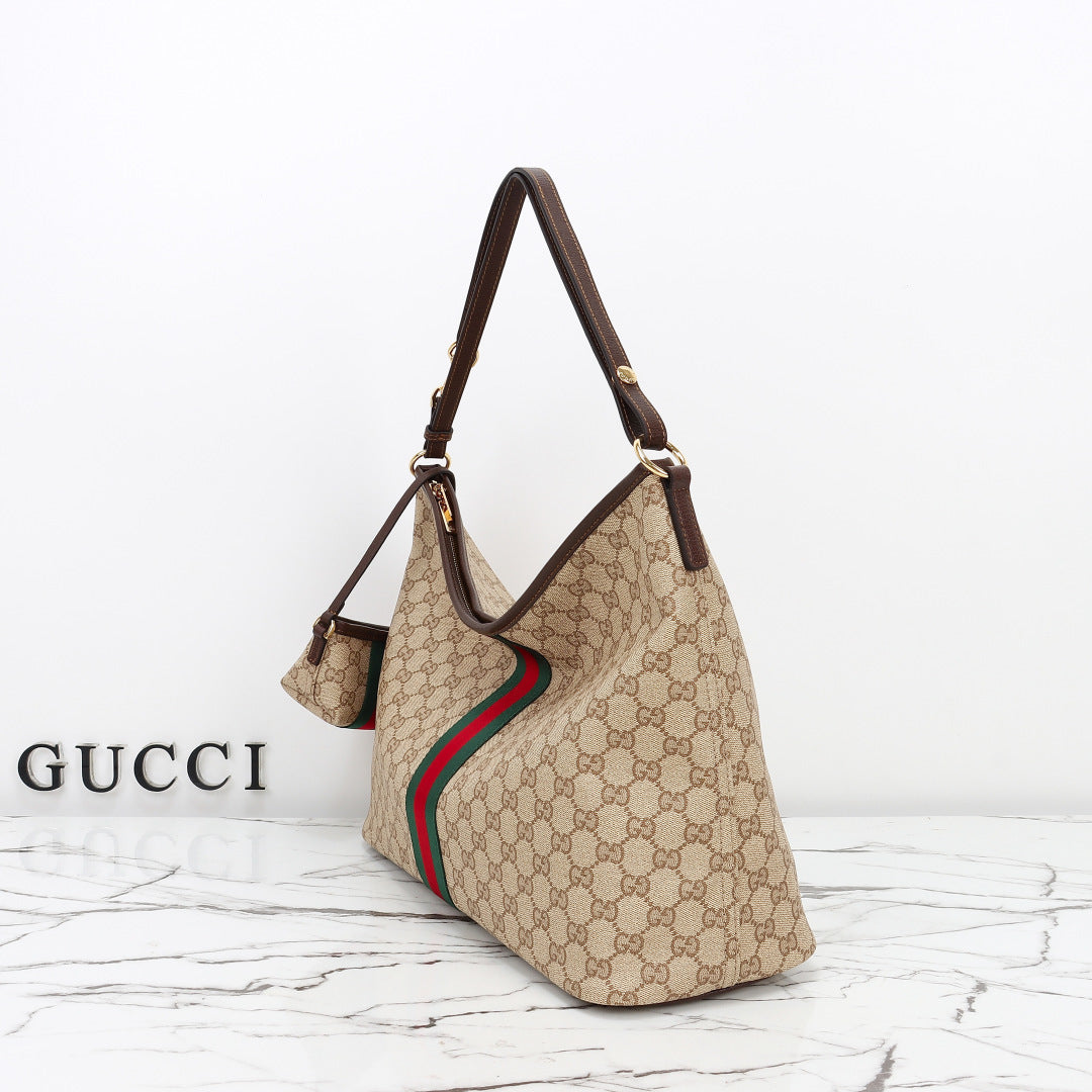 Gucci 2026 Large Shoulder Bag With Web 40cm Sand mix Brown Canvas Leather