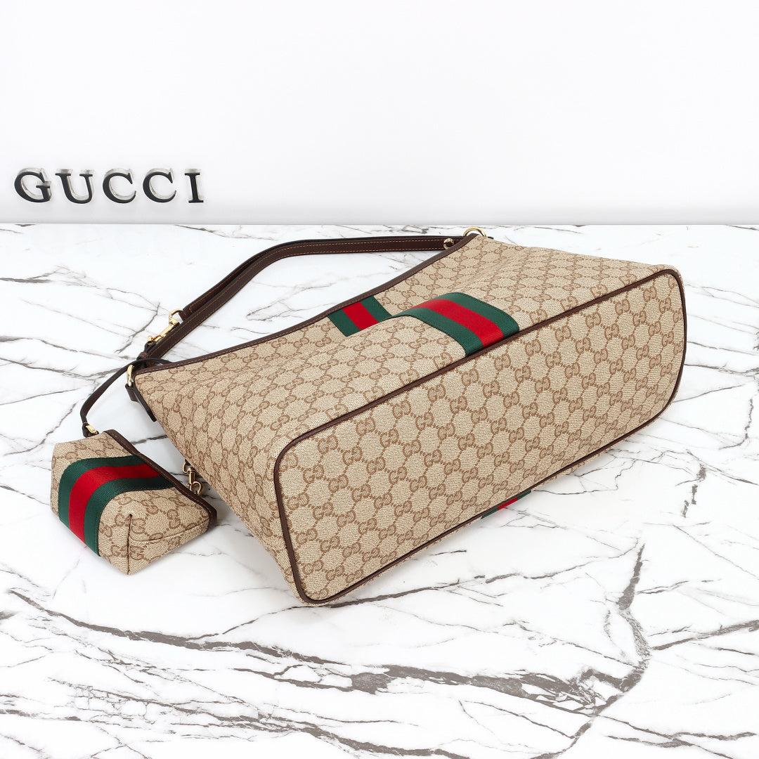 Gucci 2026 Large Shoulder Bag With Web 40cm Sand mix Brown Canvas Leather